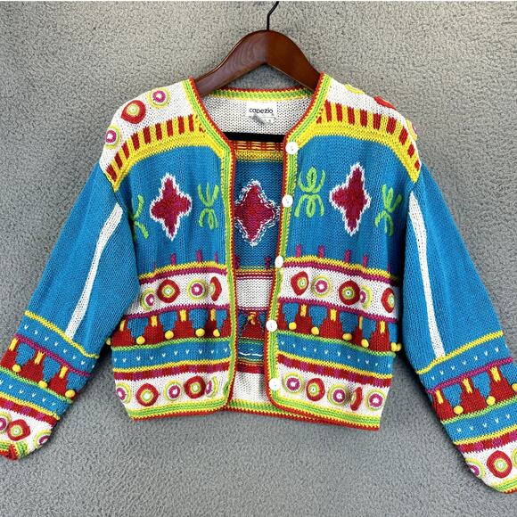 VTG 90s Caridgan Womens Small Artsy Twee Retro Funky Colorful Crop Knit Rainbow - Picture 1 of 12